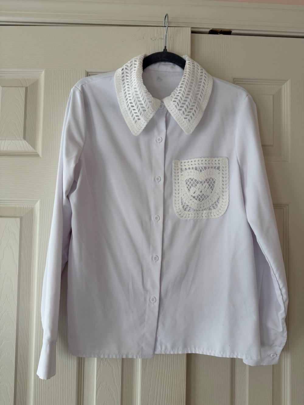 SHEIN White Blouse with Crochet Collar and Pocket